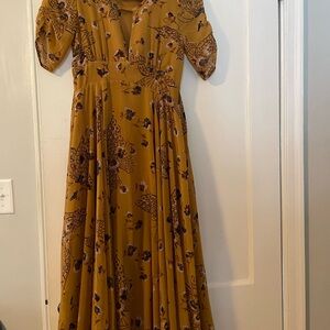 Free People Yellow and Brown Pleated Wrap Maxi Dress